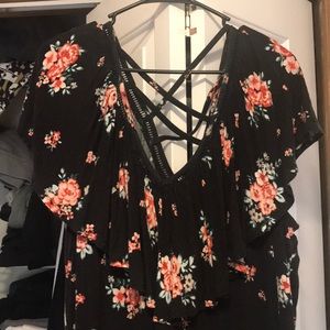Torrid black floral cross back shirt